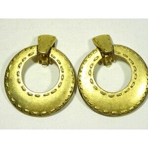 Vintage Door Knocker Earrings Hoop Matte Gold Tone Clip On Signed PEP